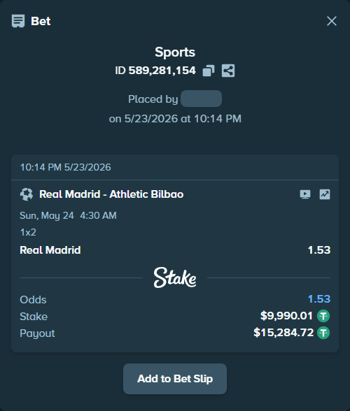 Bet slip: Real Madrid - Athletic Bilbao, $10,000.00 stake at 1.53 odds, placed by Alonsoppp