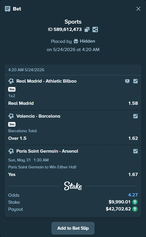 Bet slip: Real Madrid - Athletic Bilbao, $10,000.00 stake at 1.58 odds, placed by Hidden