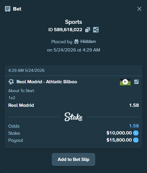 Bet slip: Real Madrid - Athletic Bilbao, $10,000.00 stake at 1.58 odds, placed by Hidden