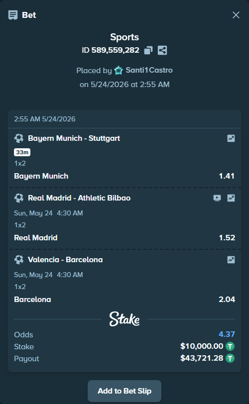 Bet slip: Real Madrid - Athletic Bilbao, $10,010.00 stake at 1.52 odds, placed by Santi1Castro
