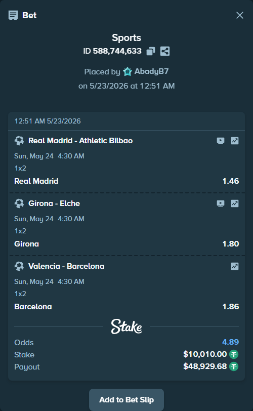 Bet slip: Real Madrid - Athletic Bilbao, $10,020.01 stake at 1.46 odds, placed by AbadyB7