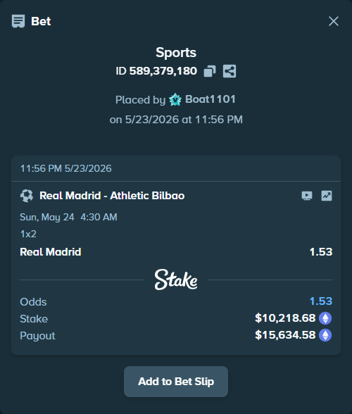 Bet slip: Real Madrid - Athletic Bilbao, $8,671.60 stake at 1.53 odds, placed by Boat1101