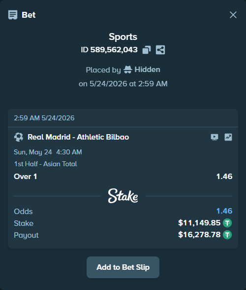 Bet slip: Real Madrid - Athletic Bilbao, $11,161.00 stake at 1.46 odds, placed by Hidden