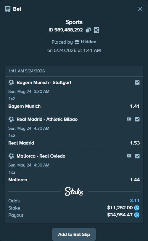 Bet slip: Real Madrid - Athletic Bilbao, $11,252.00 stake at 1.53 odds, placed by Hidden