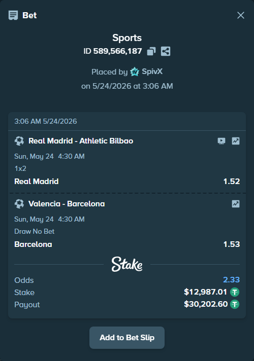 Bet slip: Real Madrid - Athletic Bilbao, $13,000.00 stake at 1.52 odds, placed by SpivX