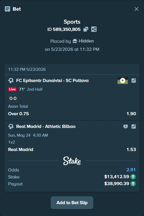 Bet slip: Real Madrid - Athletic Bilbao, $13,426.00 stake at 1.53 odds, placed by Hidden