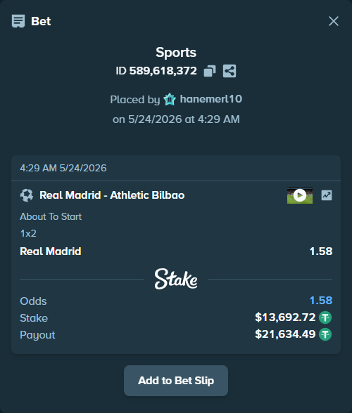 Bet slip: Real Madrid - Athletic Bilbao, $13,706.41 stake at 1.58 odds, placed by hanemerl10