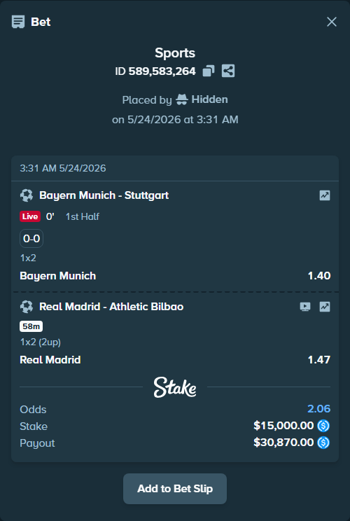 Bet slip: Real Madrid - Athletic Bilbao, $15,000.00 stake at 1.47 odds, placed by Hidden