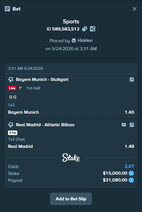 Bet slip: Real Madrid - Athletic Bilbao, $15,000.00 stake at 1.48 odds, placed by Hidden