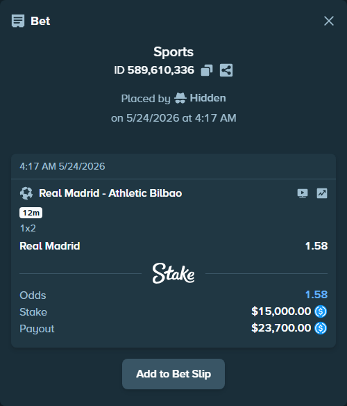 Bet slip: Real Madrid - Athletic Bilbao, $15,000.00 stake at 1.58 odds, placed by Hidden