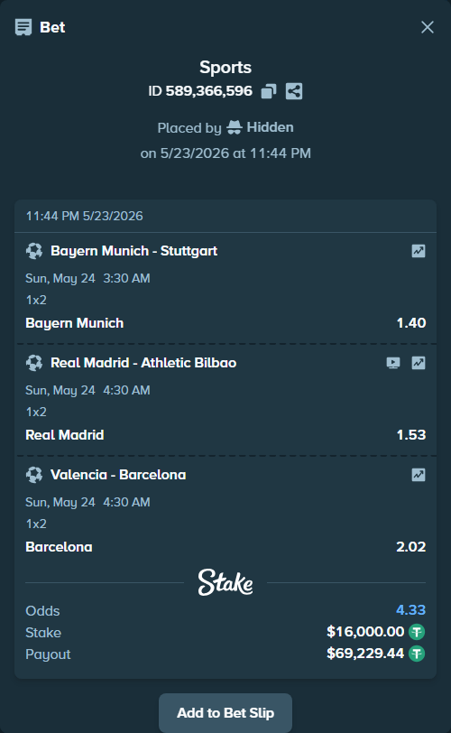 Bet slip: Real Madrid - Athletic Bilbao, $16,016.00 stake at 1.53 odds, placed by Hidden