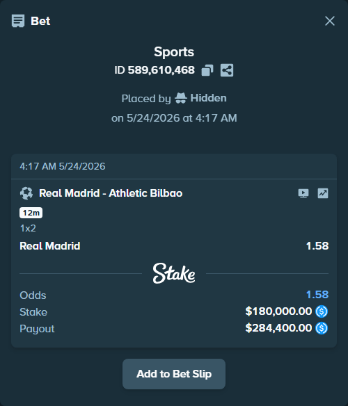 Bet slip: Real Madrid - Athletic Bilbao, $180,000.00 stake at 1.58 odds, placed by Hidden