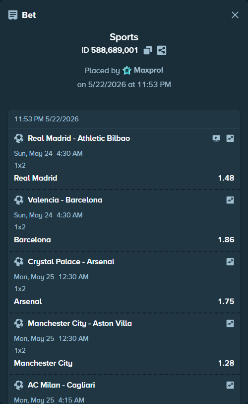 Bet slip: Real Madrid - Athletic Bilbao, $18,954.48 stake at 1.48 odds, placed by Maxprof