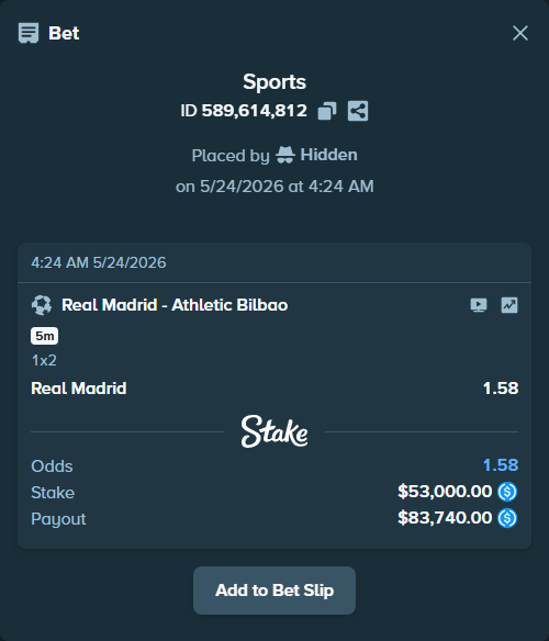 Bet slip: Real Madrid - Athletic Bilbao, $53,000.00 stake at 1.58 odds, placed by Hidden