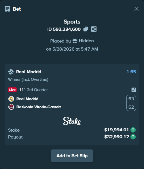 Bet slip: Real Madrid - Baskonia Vitoria-Gasteiz, $20,034.00 stake at 1.65 odds, placed by Hidden
