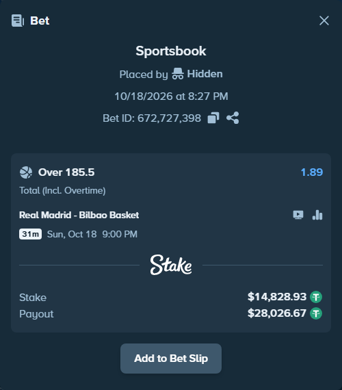 Bet slip: Real Madrid - Bilbao Basket, $14,843.75 stake at 1.89 odds, placed by Hidden