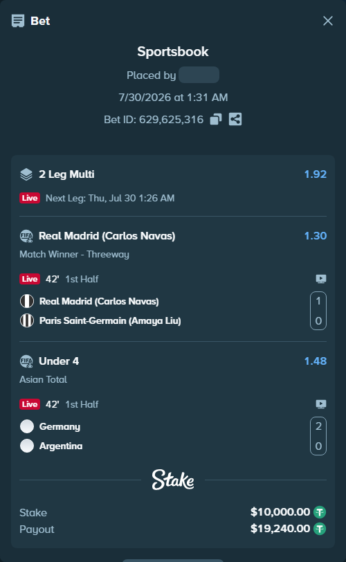 Bet slip: Real Madrid (Carlos Navas) - Paris Saint-Germain (Amaya Liu), $10,010.00 stake at 1.30 odds, placed by AsTraL11
