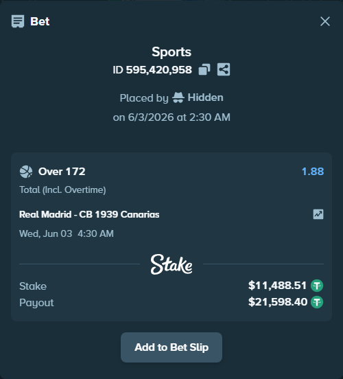 Bet slip: Real Madrid - CB 1939 Canarias, $11,500.00 stake at 1.88 odds, placed by Hidden