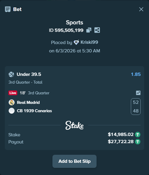Bet slip: Real Madrid - CB 1939 Canarias, $15,000.00 stake at 1.85 odds, placed by Kriski99