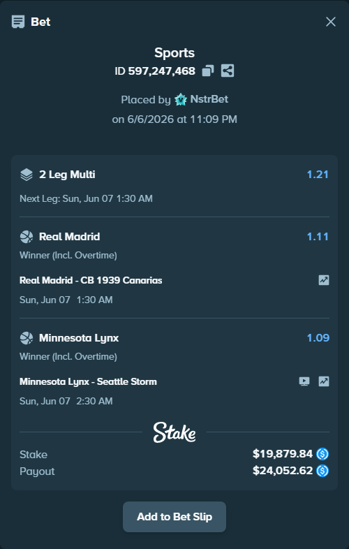 Bet slip: Real Madrid - CB 1939 Canarias, $19,879.84 stake at 1.11 odds, placed by NstrBet