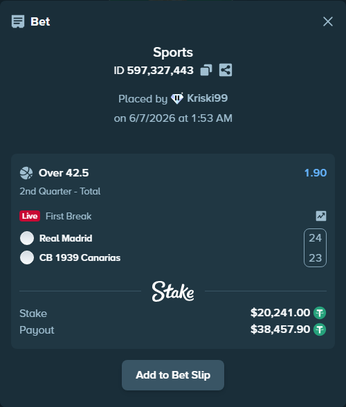 Bet slip: Real Madrid - CB 1939 Canarias, $20,241.00 stake at 1.90 odds, placed by Kriski99