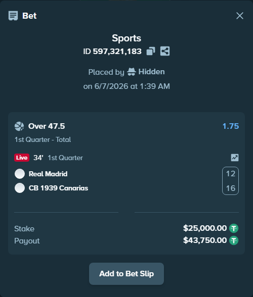 Bet slip: Real Madrid - CB 1939 Canarias, $25,000.00 stake at 1.75 odds, placed by Kriski99