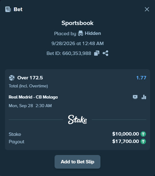 Bet slip: Real Madrid - CB Malaga, $10,000.00 stake at 1.77 odds, placed by Hidden