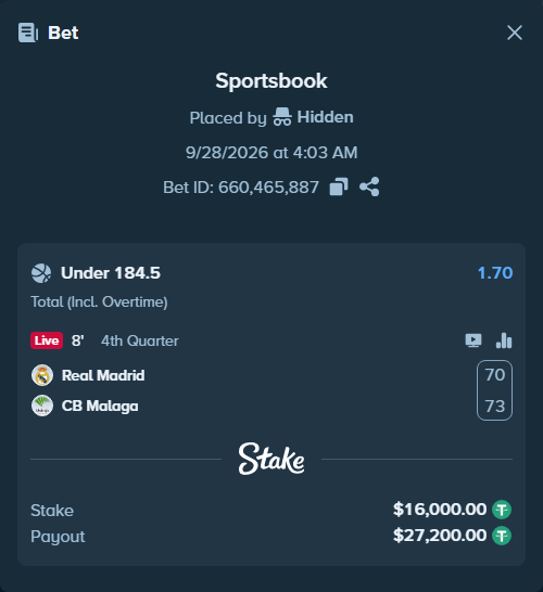 Bet slip: Real Madrid - CB Malaga, $16,000.00 stake at 1.70 odds, placed by Kriski99