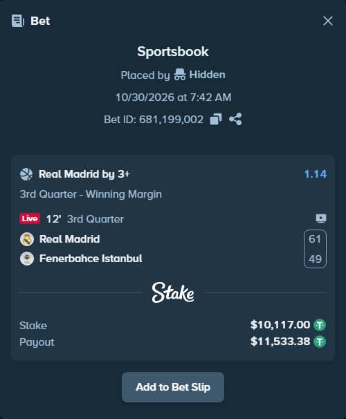 Bet slip: Real Madrid - Fenerbahce Istanbul, $10,127.12 stake at 1.14 odds, placed by danielarkas