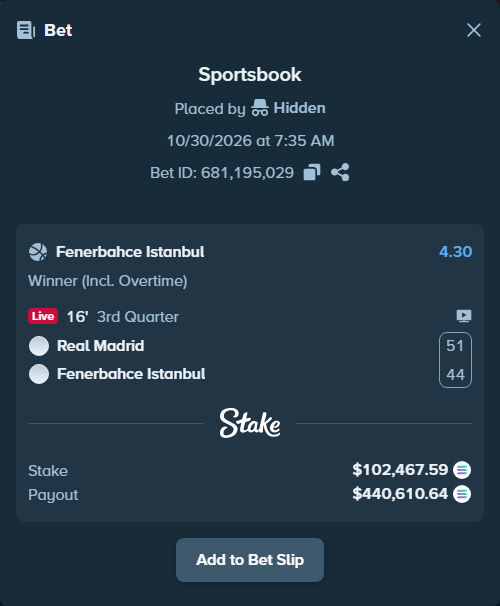 Bet slip: Real Madrid - Fenerbahce Istanbul, $102,891.40 stake at 4.30 odds, placed by Prettylfacko98