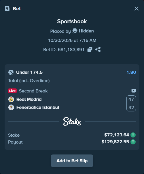 Bet slip: Real Madrid - Fenerbahce Istanbul, $72,195.76 stake at 1.80 odds, placed by Hidden