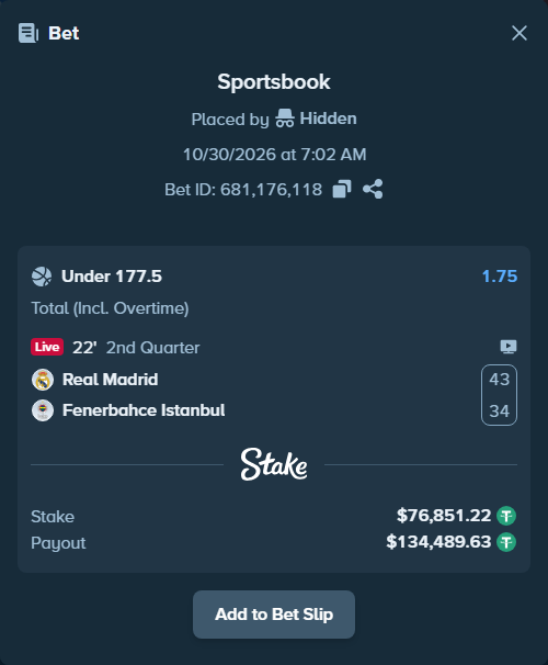 Bet slip: Real Madrid - Fenerbahce Istanbul, $76,928.07 stake at 1.75 odds, placed by Hidden
