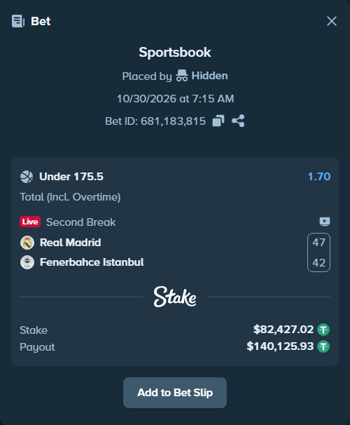 Bet slip: Real Madrid - Fenerbahce Istanbul, $82,509.44 stake at 1.70 odds, placed by Hidden