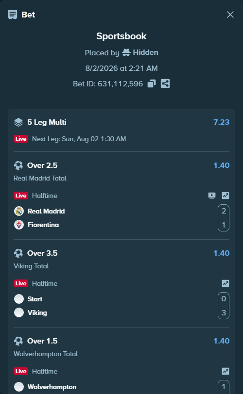 Bet slip: Real Madrid - Fiorentina, $15,922.74 stake at 1.40 odds, placed by Hidden