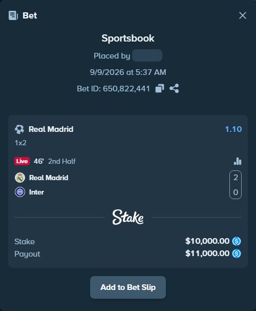 Bet slip: Real Madrid - Inter, $10,000.00 stake at 1.10 odds, placed by hagrid17