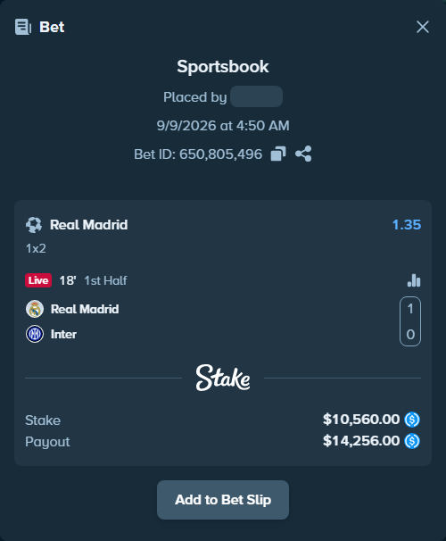 Bet slip: Real Madrid - Inter, $10,560.00 stake at 1.35 odds, placed by Andhjelm