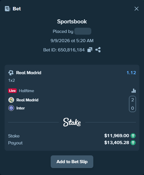 Bet slip: Real Madrid - Inter, $11,969.00 stake at 1.12 odds, placed by ogiaever