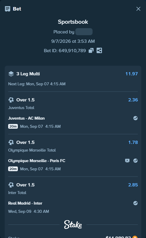 Bet slip: Real Madrid - Inter, $11,985.90 stake at 2.85 odds, placed by Kleaklea2429