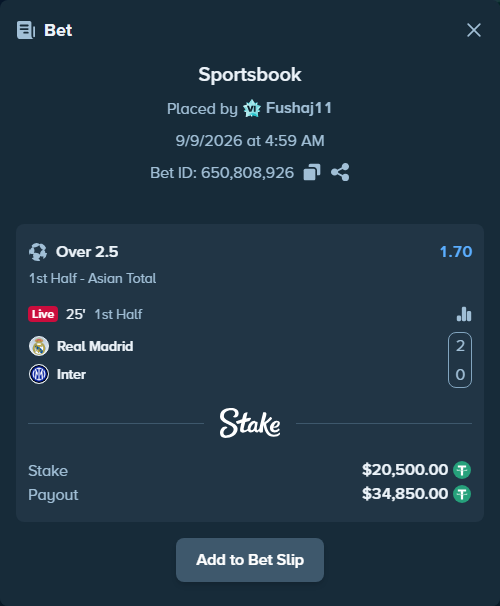 Bet slip: Real Madrid - Inter, $20,500.00 stake at 1.70 odds, placed by Fushaj11