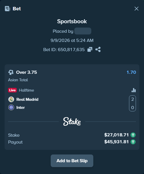 Bet slip: Real Madrid - Inter, $27,018.71 stake at 1.70 odds, placed by guoziqi9