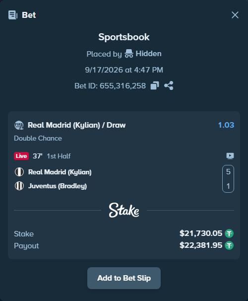 Bet slip: Real Madrid (Kylian) - Juventus (Bradley), $21,751.78 stake at 1.03 odds, placed by Hidden