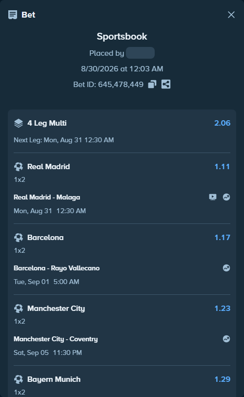 Bet slip: Real Madrid - Malaga, $10,000.00 stake at 1.11 odds, placed by Maxprof