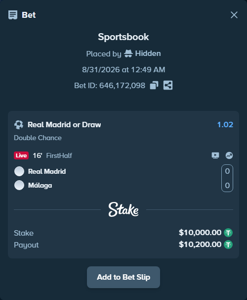 Bet slip: Real Madrid - Malaga, $10,000.00 stake at 1.02 odds, placed by Hidden