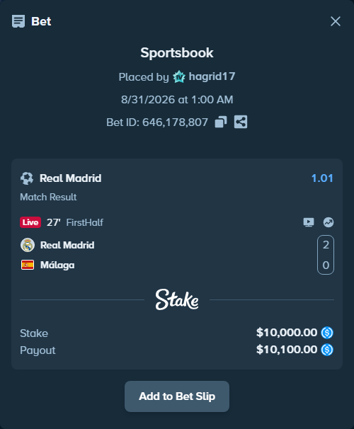 Bet slip: Real Madrid - Malaga, $10,000.00 stake at 1.01 odds, placed by hagrid17