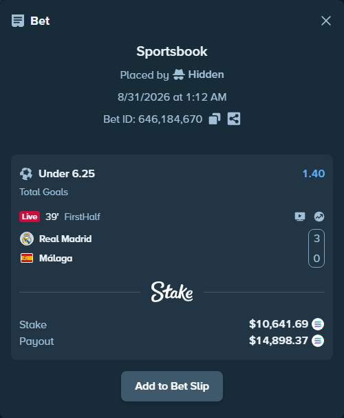 Bet slip: Real Madrid - Malaga, $10,379.00 stake at 1.40 odds, placed by Hidden