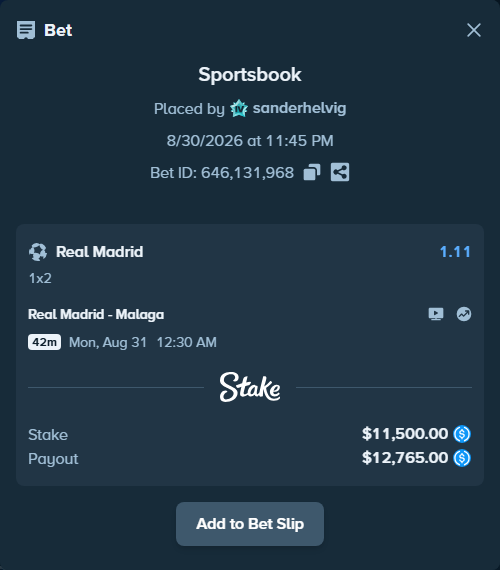 Bet slip: Real Madrid - Malaga, $11,500.00 stake at 1.11 odds, placed by sanderhelvig