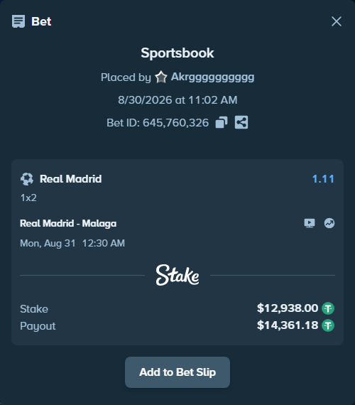 Bet slip: Real Madrid - Malaga, $12,938.00 stake at 1.11 odds, placed by Akrgggggggggg