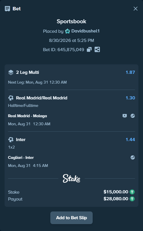 Bet slip: Real Madrid - Malaga, $15,000.00 stake at 1.30 odds, placed by Davidbushel1