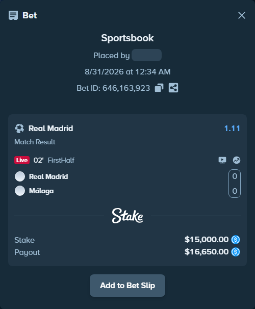 Bet slip: Real Madrid - Malaga, $15,000.00 stake at 1.11 odds, placed by Armo098