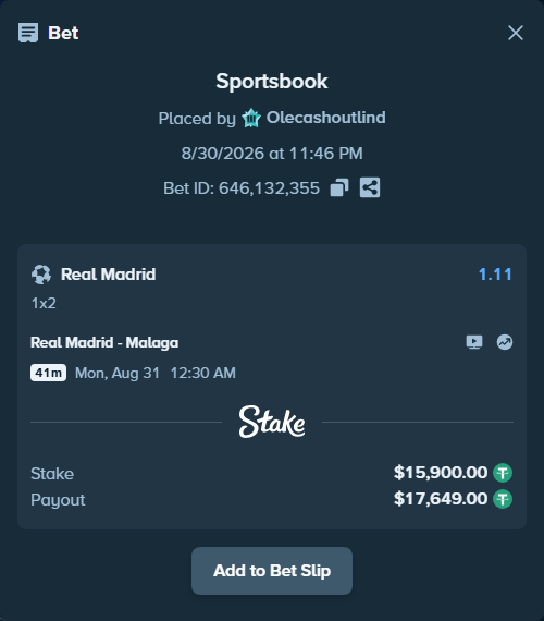 Bet slip: Real Madrid - Malaga, $15,900.00 stake at 1.11 odds, placed by Olecashoutlind